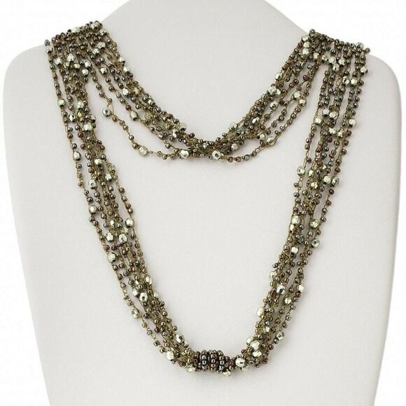 Flowy Green Crocheted Nylon Beaded 56" Long Fabric Chain Necklace - Picture 1 of 3